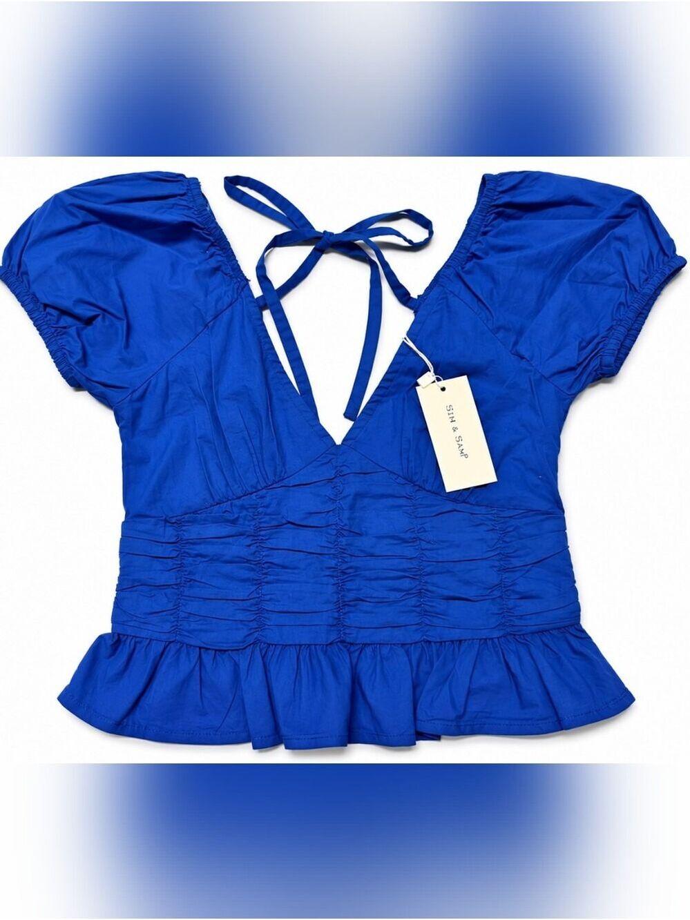 Sim & Sam Cobalt Blue Ruched Puff Sleeve Peplum Top Size Small NWT